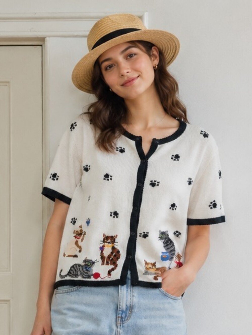 Marisa Christina Cat Motif Cardigan Black Trim 90's L Granny Kittens Paw Print